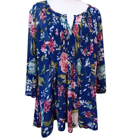 ROAMAN'S Floral Blouse Tunic Top Plus 2X/22W Pin Tucks Flowy Roses Blue Event - Picture 7 of 8